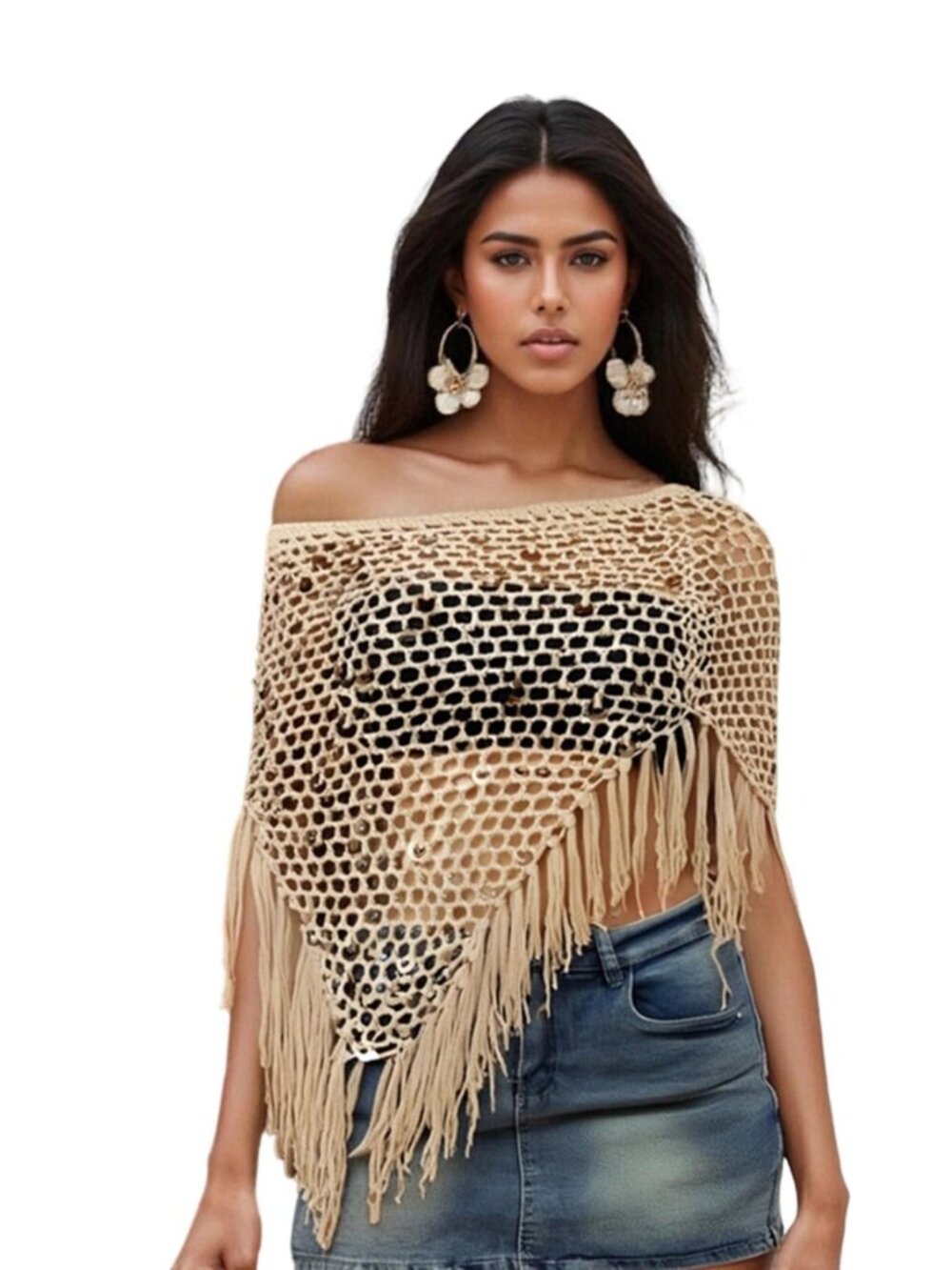 Women Boho Crochet Sequin Poncho Shawl, Runs Small Order One Size Up